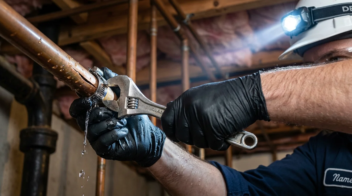 Emergency pipe clamp repair being performed by a Johns Plumbing LLC plumber in DeRidder