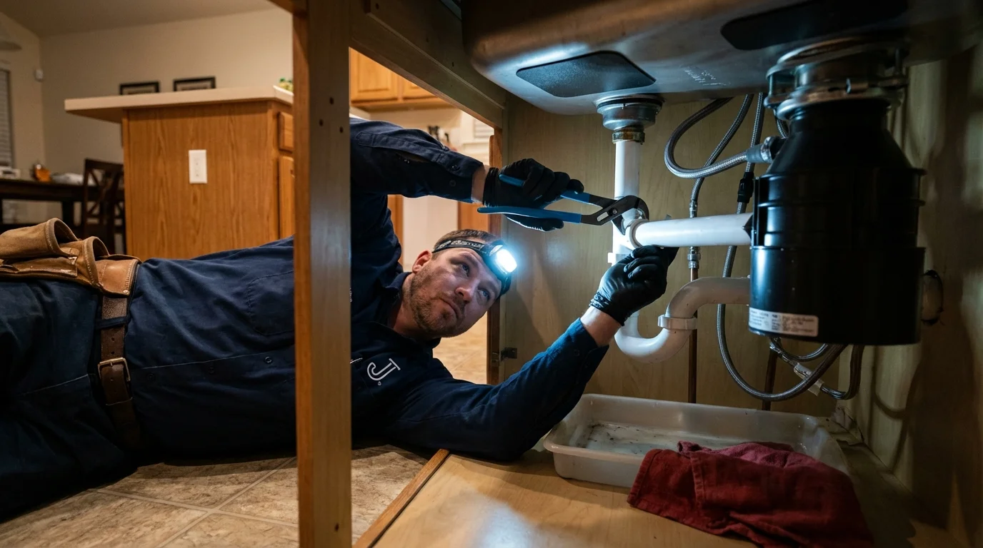 P-trap and supply line connections under a kitchen sink showing a common leak point in DeRidder, LA
